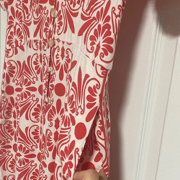Anthropologie FARMRIO Linen Blend Red and White Patterned Jumpsuit